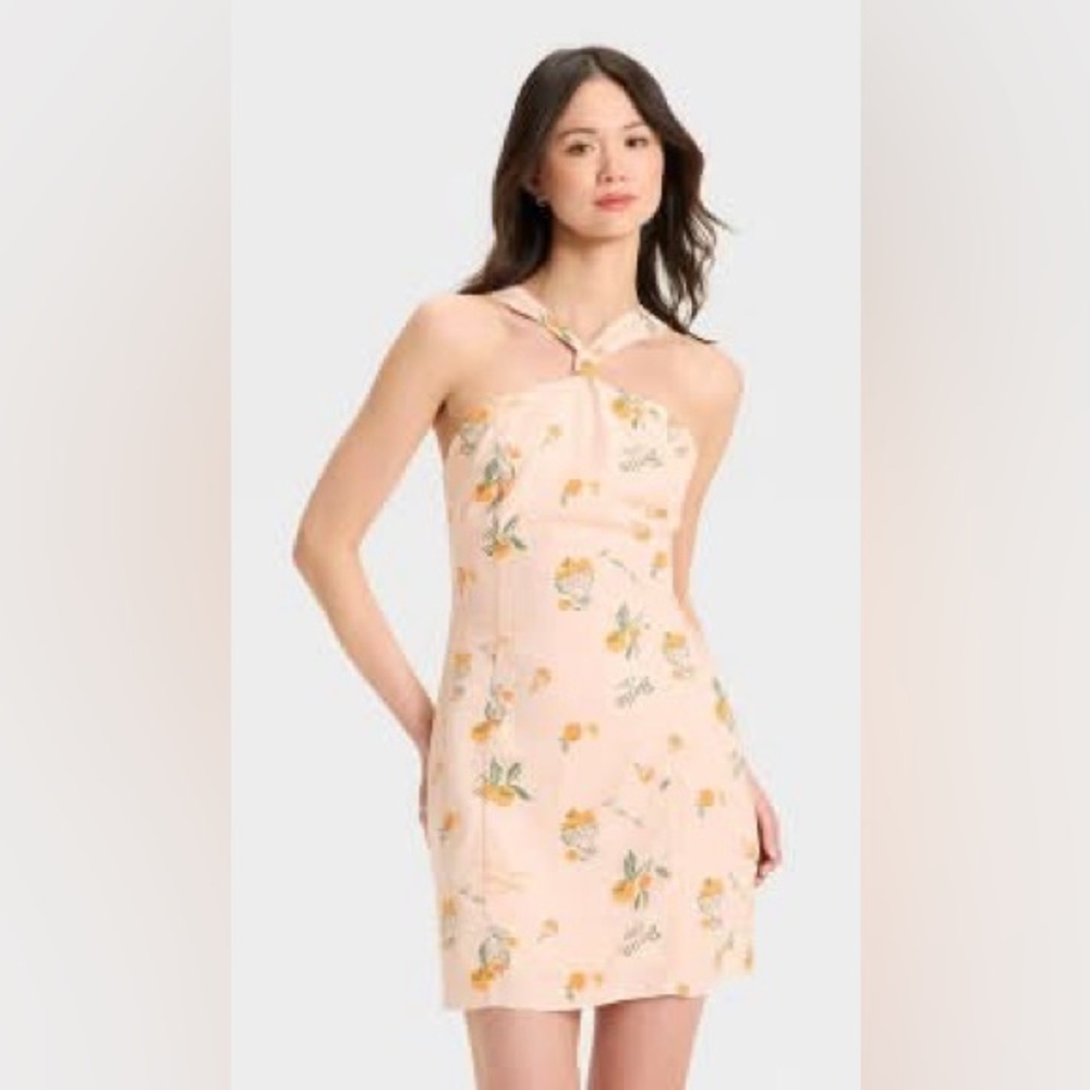 NWT. Knotted Y-Neck Linen Mini A-Line Dress. Pink/Peach. Size Large.